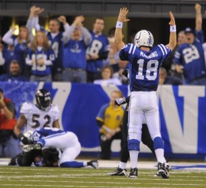 Peyton Manning signals touchdown for the Colts in their win over the Ravens.